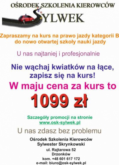 Promocja - kurs na prawo jazdy kat. B - tylko 1099 zł!